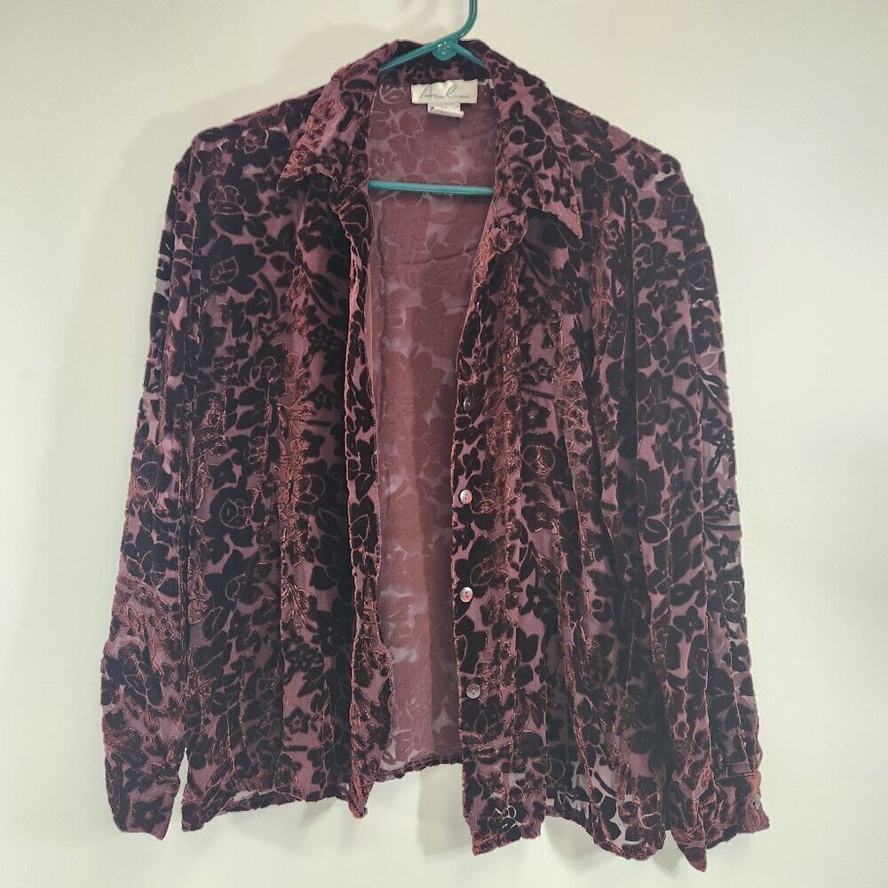 Vintage Anne Carson Sheer Velvet Long Sleeve Top Size Medium Y2k